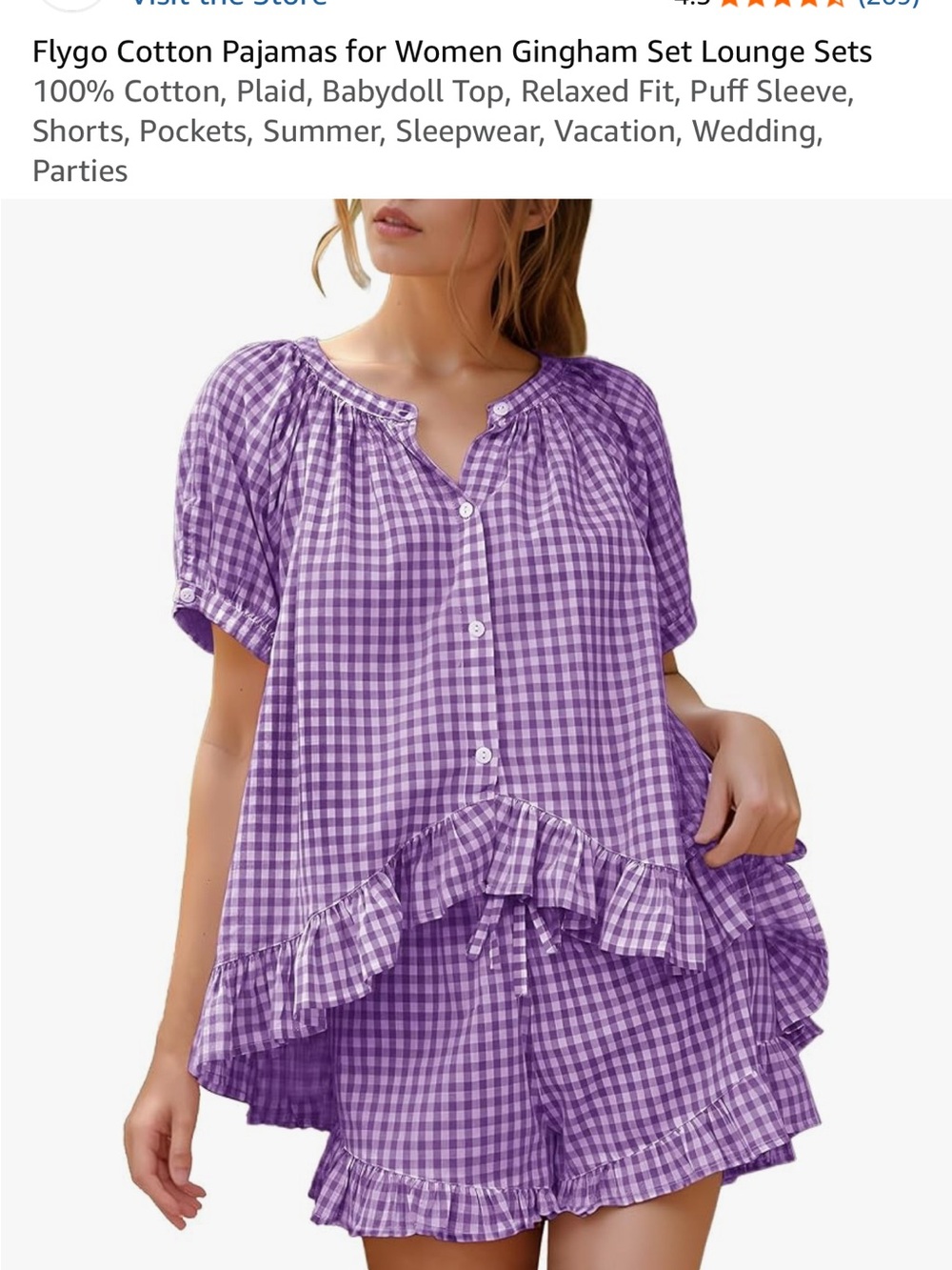 Lavender Purple Gingham Ruffle Pajama Set for Women - Picture 13 of 14